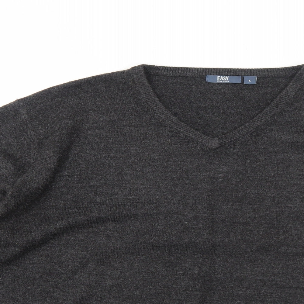 Easy Mens Grey V-Neck Acrylic Pullover Jumper Size L Long Sleeve