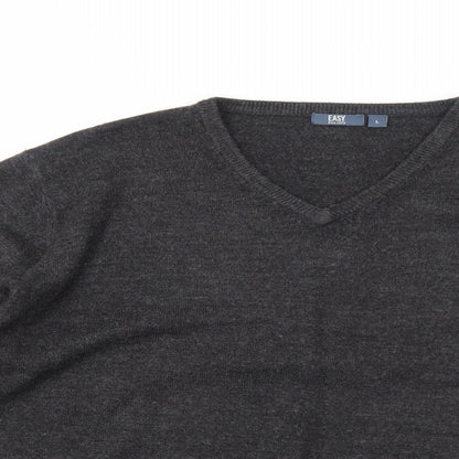 Easy Mens Grey V-Neck Acrylic Pullover Jumper Size L Long Sleeve