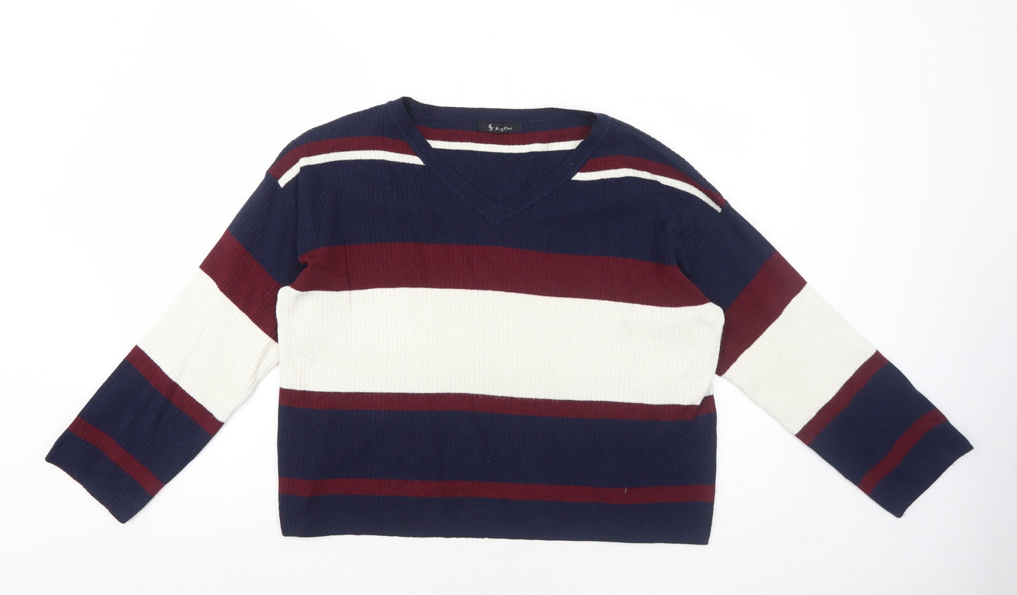Rag Out Womens Blue Round Neck Striped Acrylic Pullover Jumper Size M