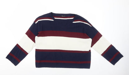 Rag Out Womens Blue Round Neck Striped Acrylic Pullover Jumper Size M