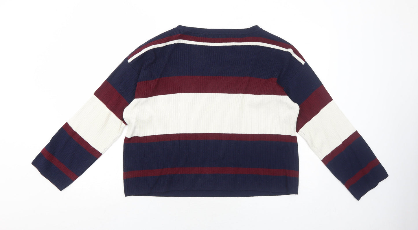 Rag Out Womens Blue Round Neck Striped Acrylic Pullover Jumper Size M