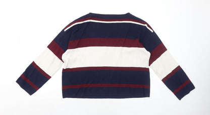 Rag Out Womens Blue Round Neck Striped Acrylic Pullover Jumper Size M