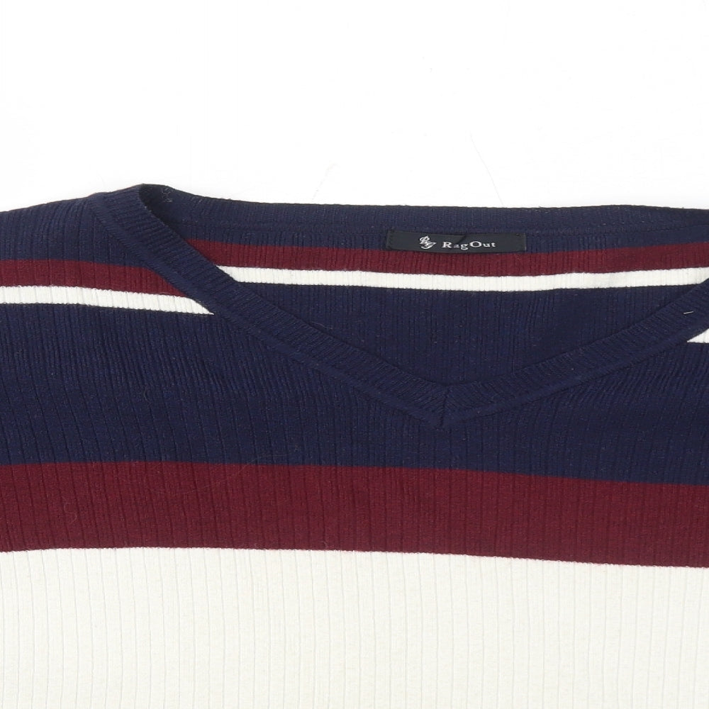 Rag Out Womens Blue Round Neck Striped Acrylic Pullover Jumper Size M