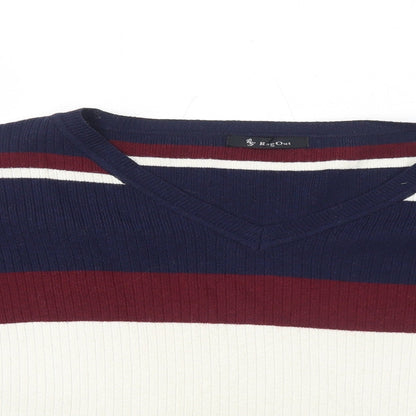 Rag Out Womens Blue Round Neck Striped Acrylic Pullover Jumper Size M