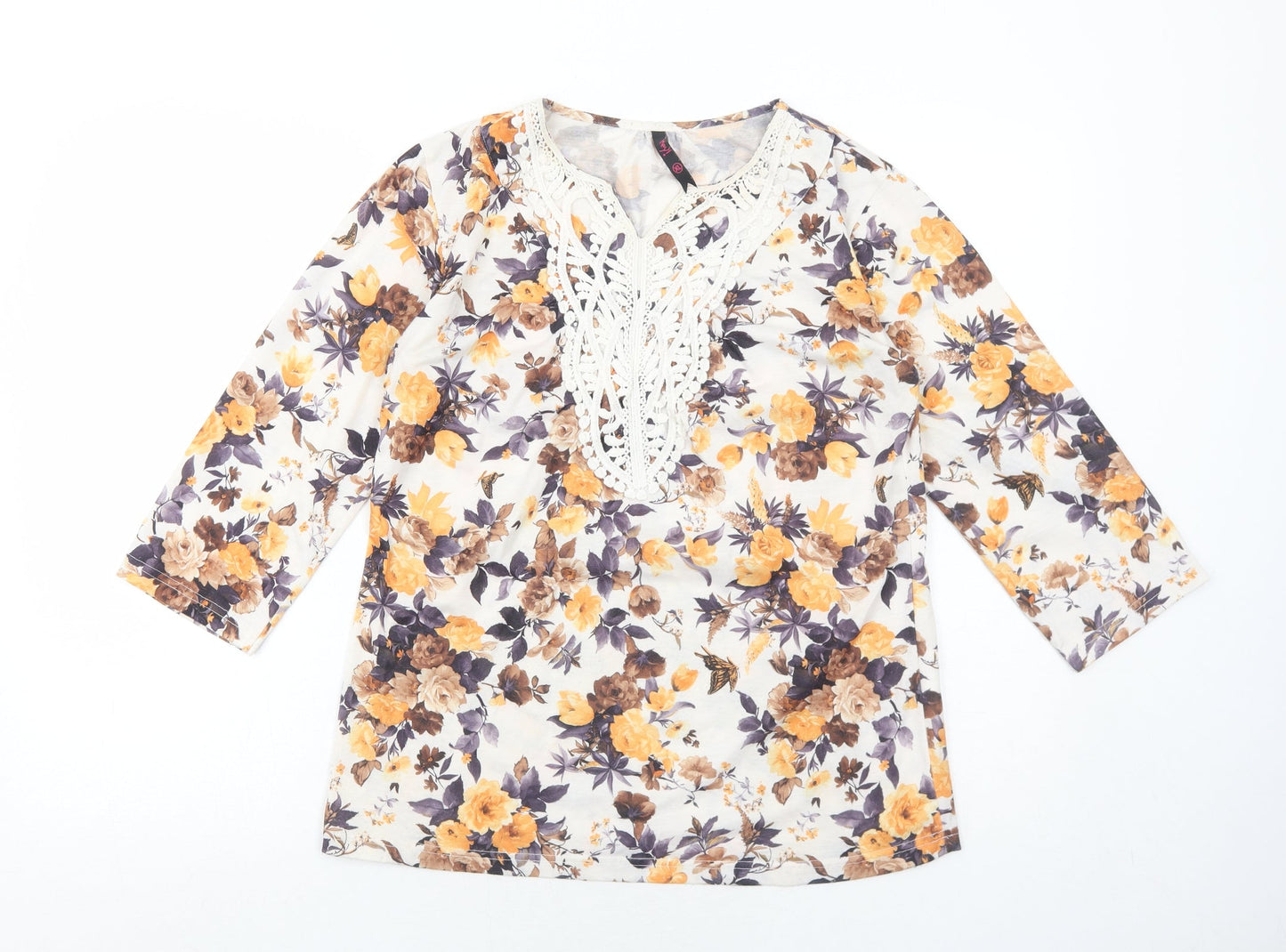 Hey! Womens Yellow Floral Polyester Basic Blouse Size XL V-Neck - Crochet Detail
