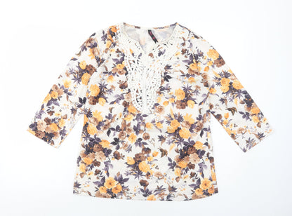 Hey! Womens Yellow Floral Polyester Basic Blouse Size XL V-Neck - Crochet Detail
