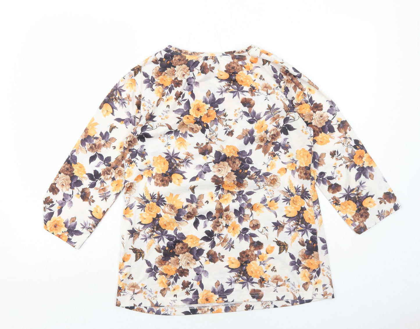 Hey! Womens Yellow Floral Polyester Basic Blouse Size XL V-Neck - Crochet Detail