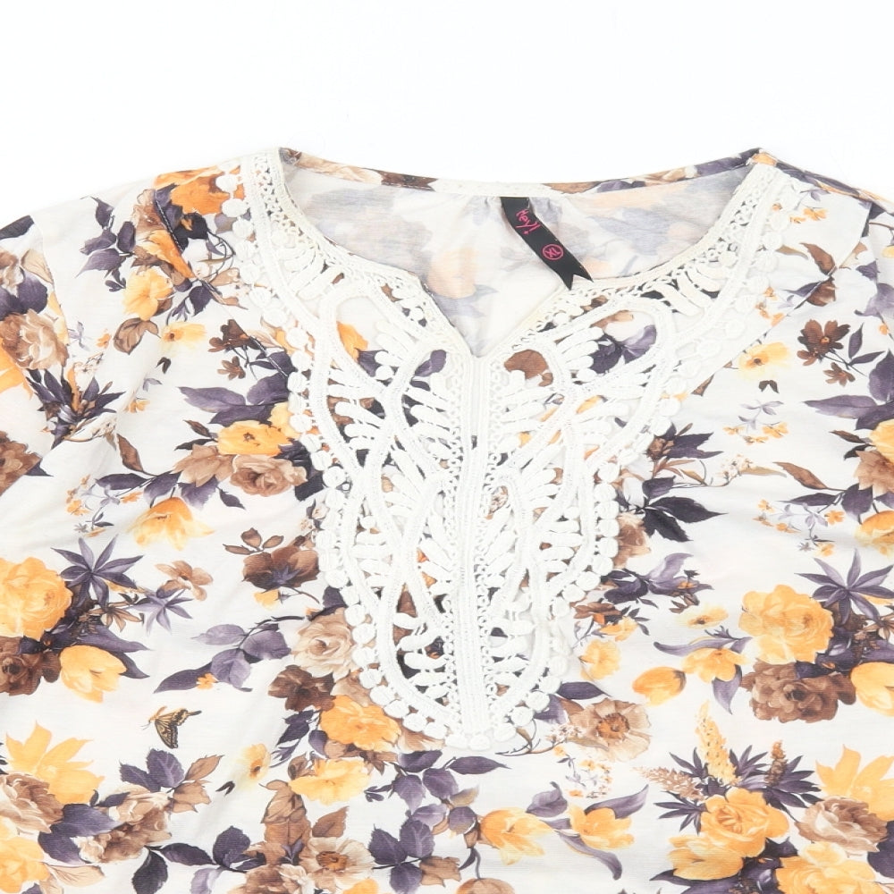 Hey! Womens Yellow Floral Polyester Basic Blouse Size XL V-Neck - Crochet Detail