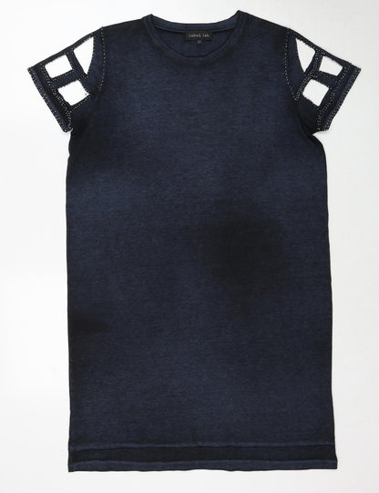 Label Lab Womens Blue Herringbone Cotton A-Line Size 12 Round Neck Pullover