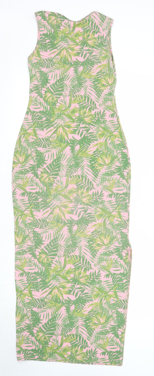Boohoo Womens Pink Geometric Polyester Maxi Size 8 V-Neck Pullover - Palm Print