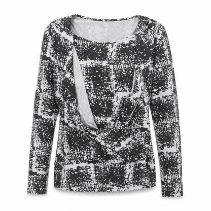 Ecoline Womens Grey Geometric Polyester Basic Blouse Size M Round Neck