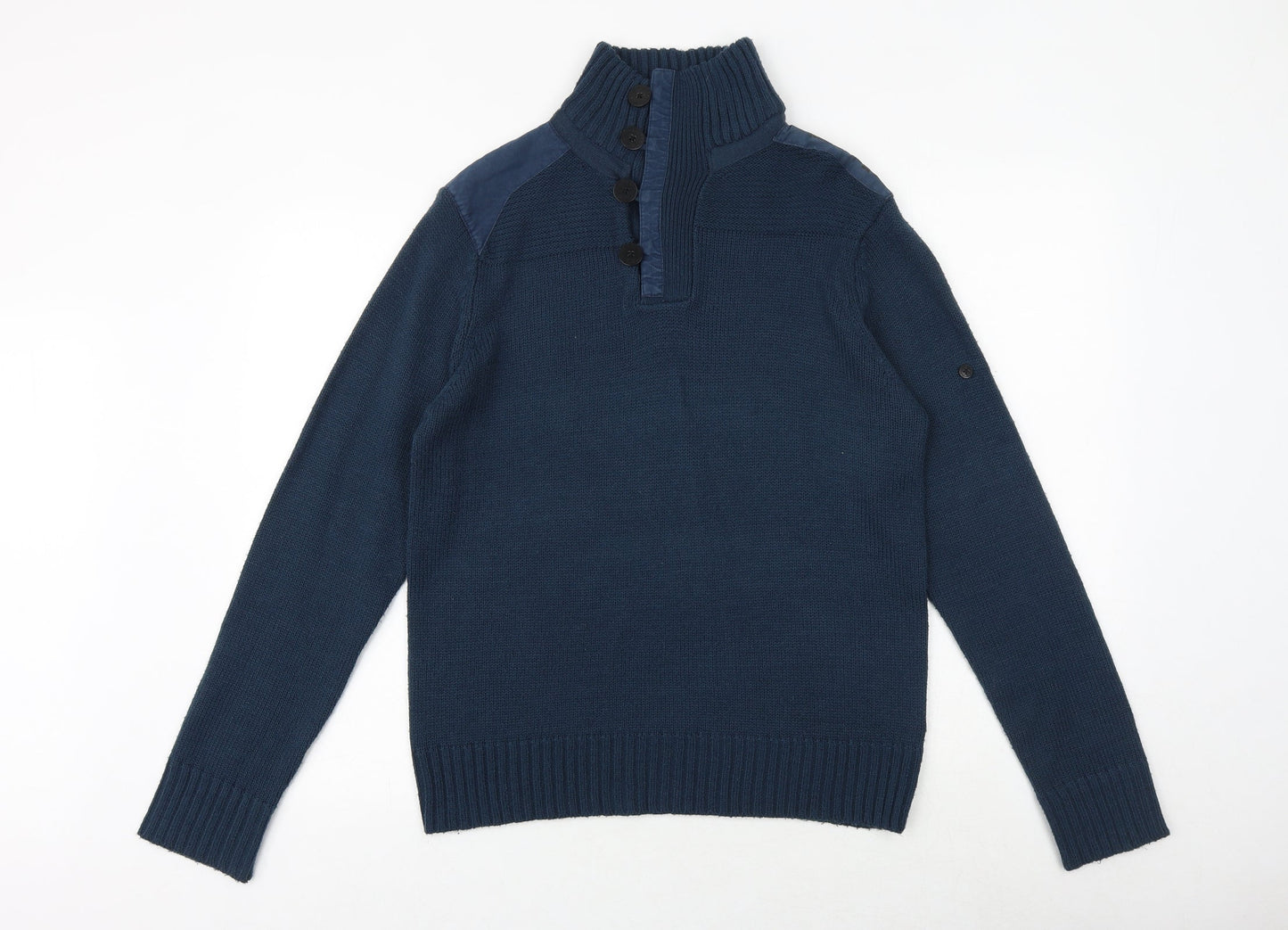 Black Label Mens Blue High Neck Acrylic Henley Jumper Size M Long Sleeve