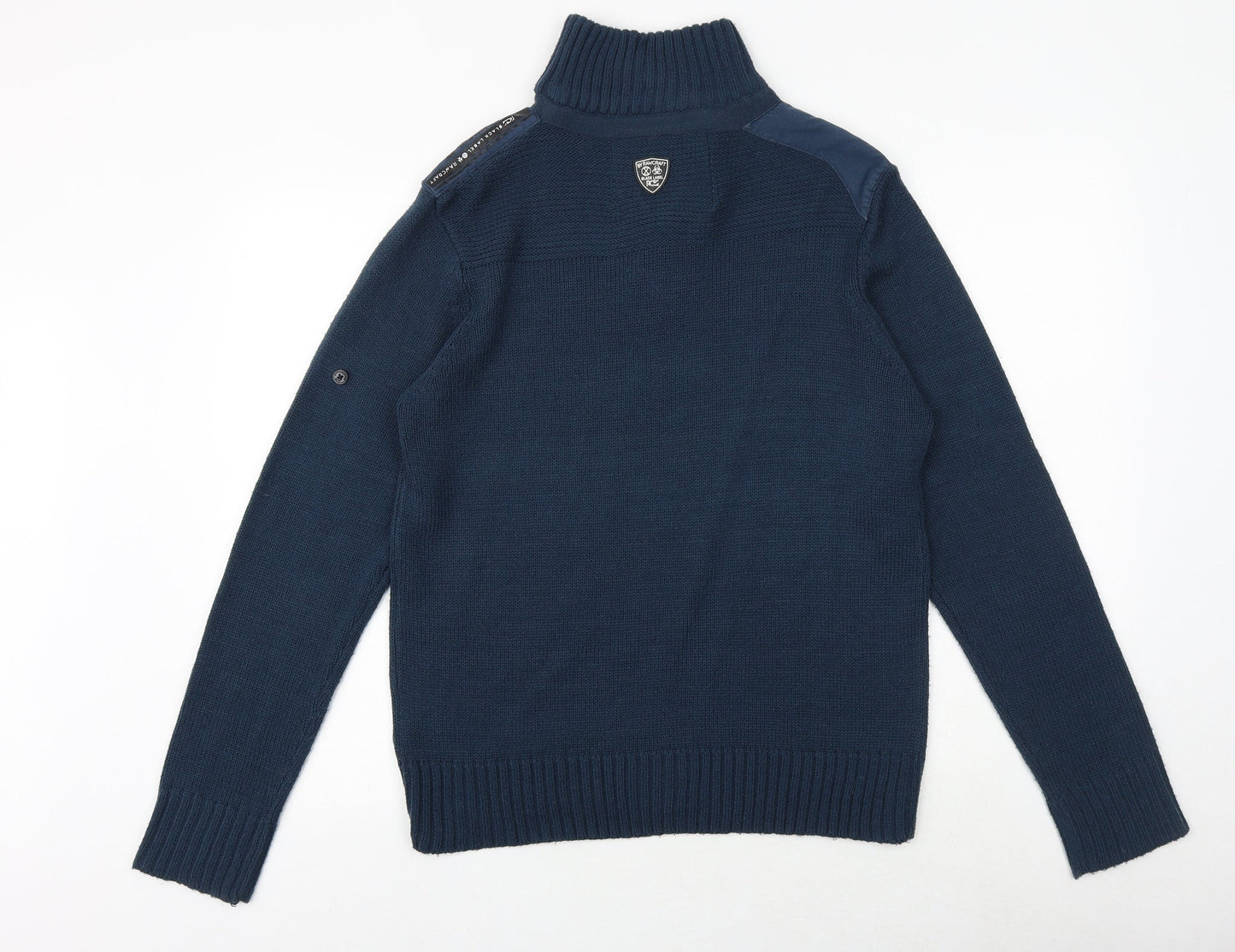 Black Label Mens Blue High Neck Acrylic Henley Jumper Size M Long Sleeve