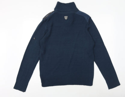 Black Label Mens Blue High Neck Acrylic Henley Jumper Size M Long Sleeve