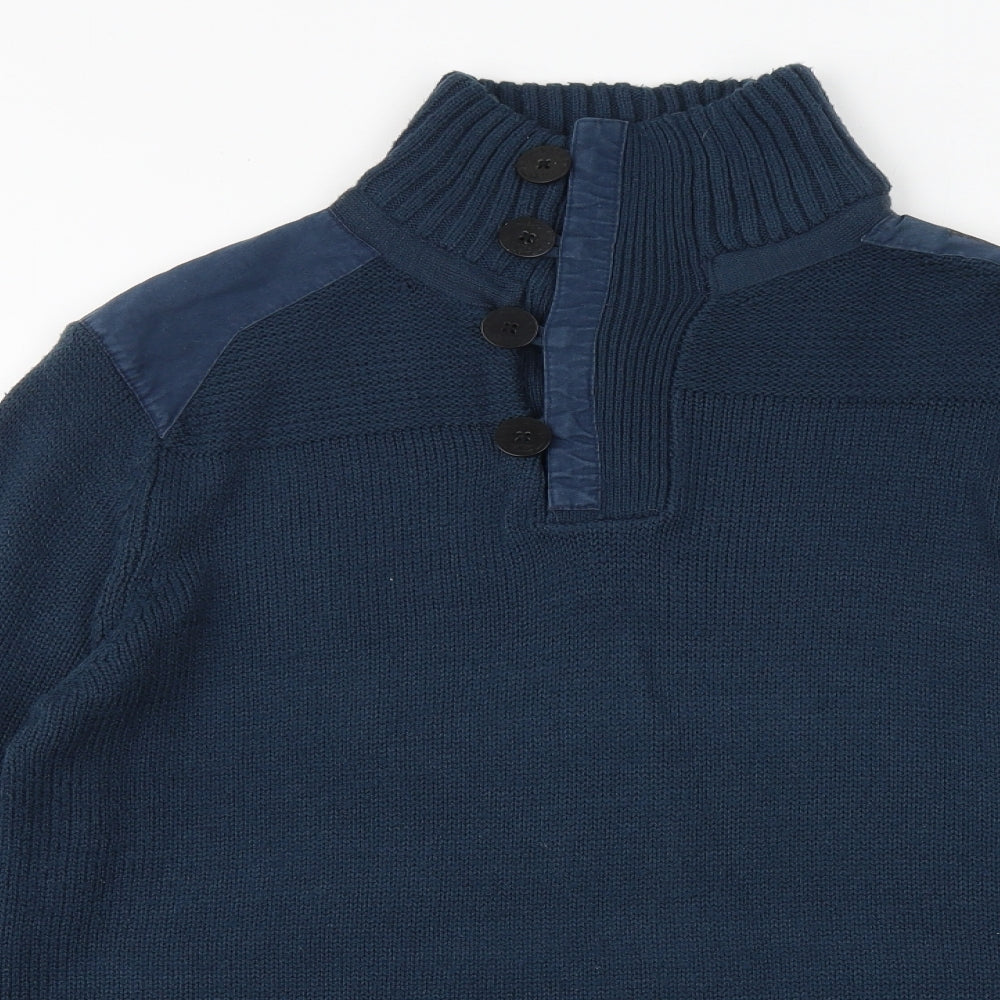 Black Label Mens Blue High Neck Acrylic Henley Jumper Size M Long Sleeve