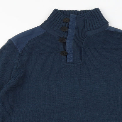 Black Label Mens Blue High Neck Acrylic Henley Jumper Size M Long Sleeve