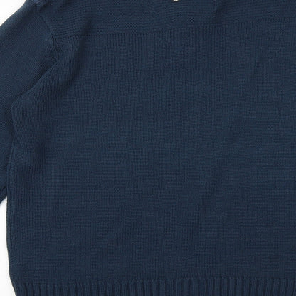 Black Label Mens Blue High Neck Acrylic Henley Jumper Size M Long Sleeve