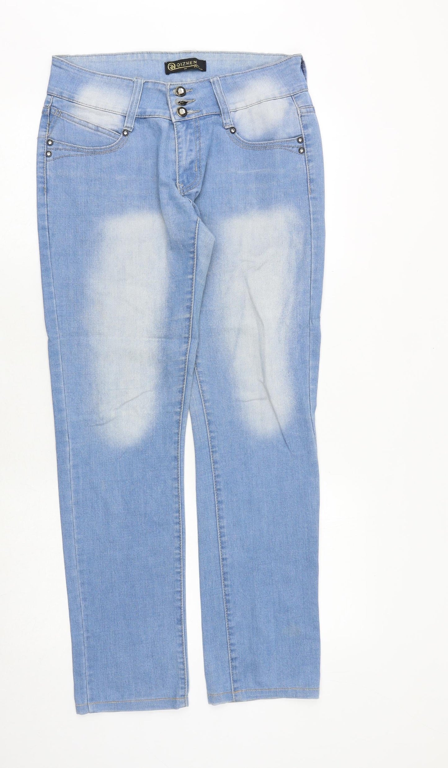 Qizhen Womens Blue Cotton Straight Jeans Size 32 in Regular Button