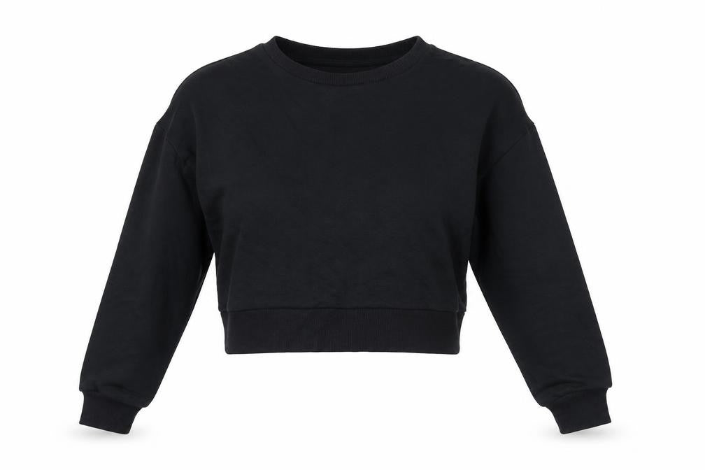 Front view of ASOS women’s black cotton pullover sweatshirt, size UK 10, pullover