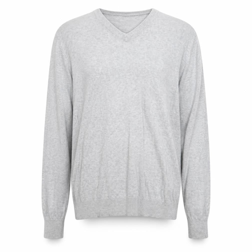 Front view of Batistini men’s grey v-neck cotton jumper, size L, long sleeve