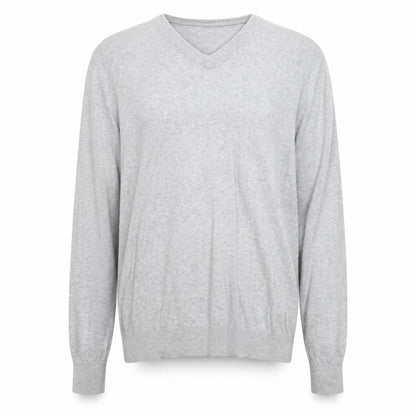 Front view of Batistini men’s grey v-neck cotton jumper, size L, long sleeve