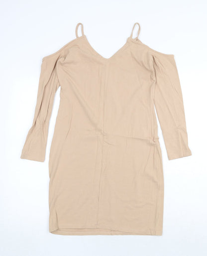 H&M Womens Beige Cotton Pencil Dress Size 14 V-Neck Pullover