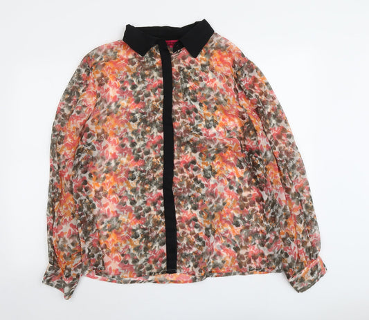 Boohoo Womens Orange Geometric Polyester Basic Button-Up Size 14 Collared