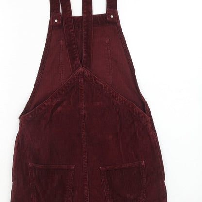 Topshop Womens Red Cotton Pinafore/Dungaree Dress Size 6 Square Neck Button