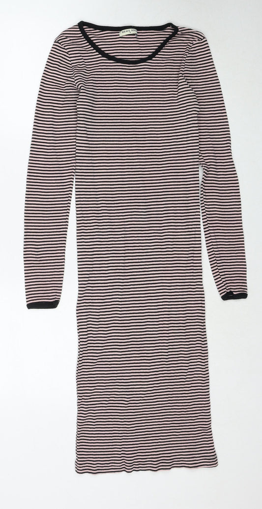 Brave Soul Womens Pink Striped Cotton Jumper Dress Size S Round Neck Pullover