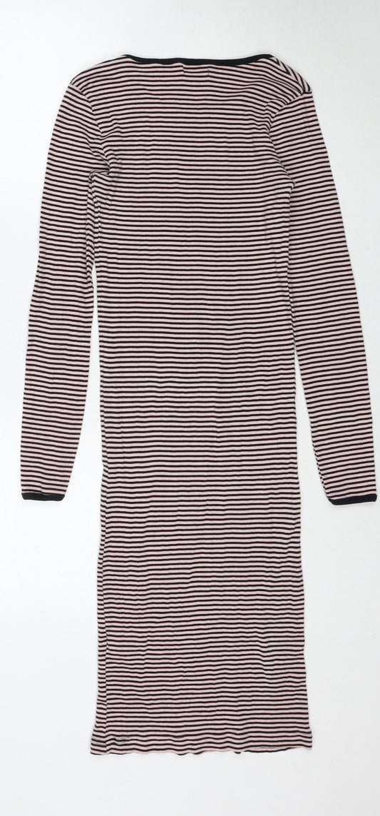 Brave Soul Womens Pink Striped Cotton Jumper Dress Size S Round Neck Pullover