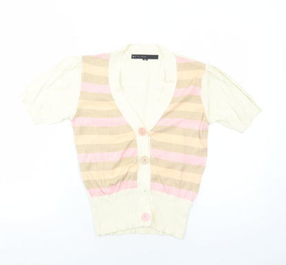 Pink Soda Womens Ivory V-Neck Striped Cotton Cardigan Jumper Size 10