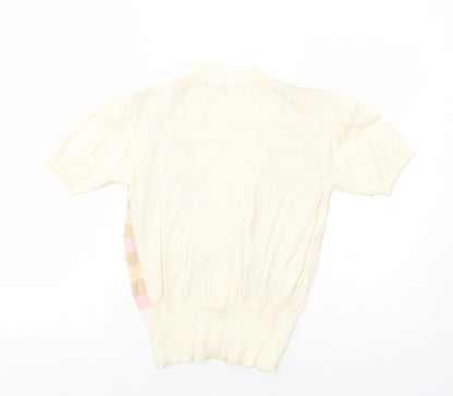 Pink Soda Womens Ivory V-Neck Striped Cotton Cardigan Jumper Size 10