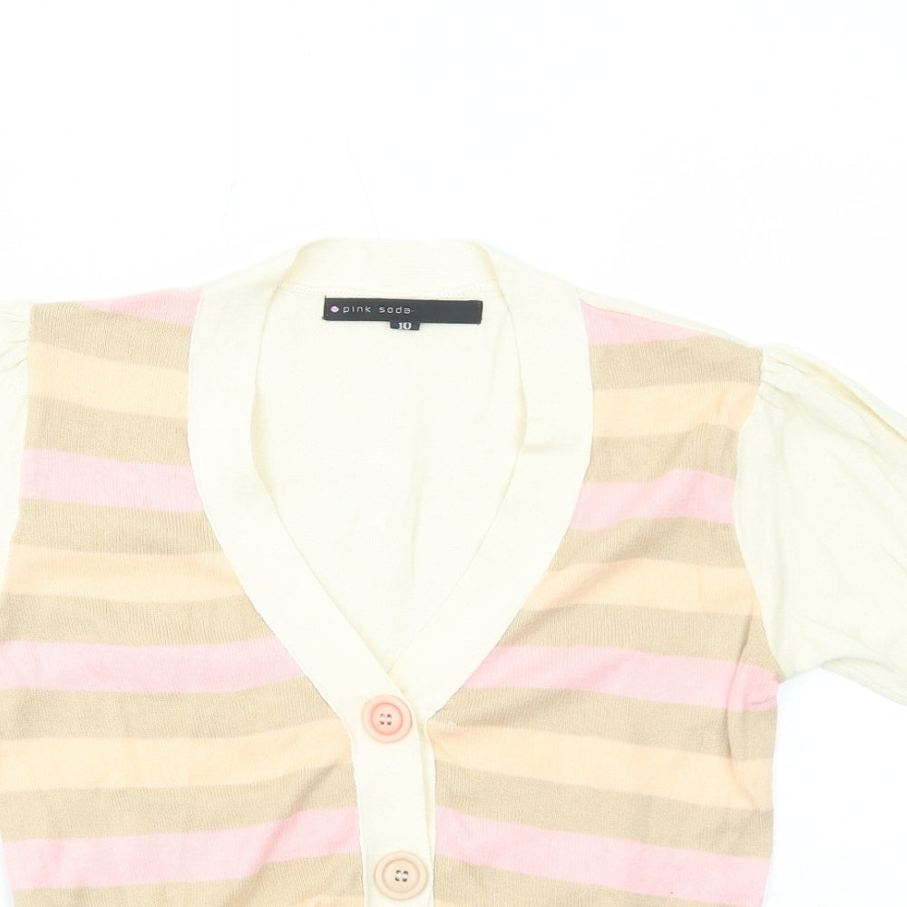 Pink Soda Womens Ivory V-Neck Striped Cotton Cardigan Jumper Size 10