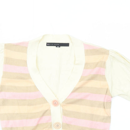 Pink Soda Womens Ivory V-Neck Striped Cotton Cardigan Jumper Size 10