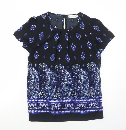 Paraphrase Womens Black Geometric Polyester Basic Blouse Size XS Round Neck