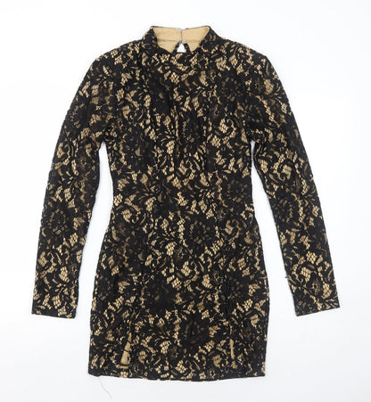 PRETTYLITTLETHING Womens Black Geometric Polyester Bodycon Size 10 Round Neck Zip