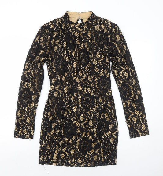 PRETTYLITTLETHING Womens Black Geometric Polyester Bodycon Size 10 Round Neck Zip