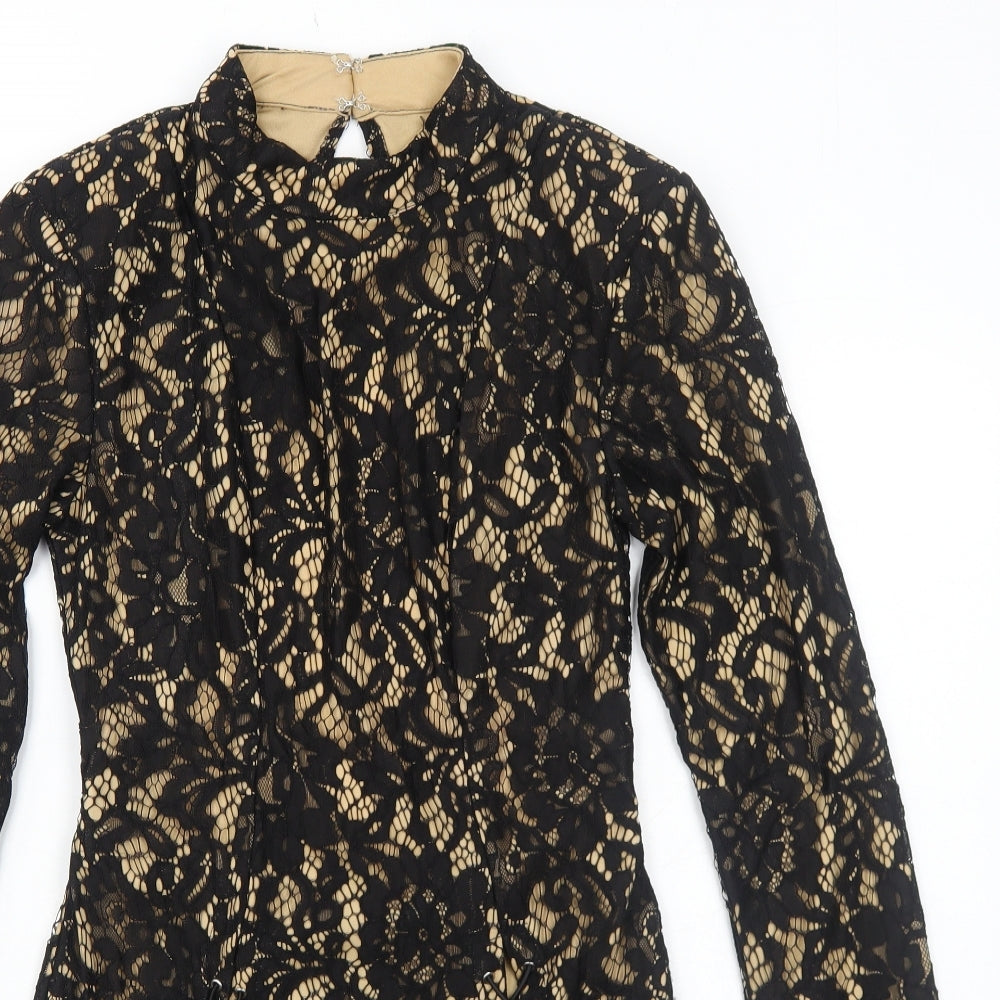 PRETTYLITTLETHING Womens Black Geometric Polyester Bodycon Size 10 Round Neck Zip