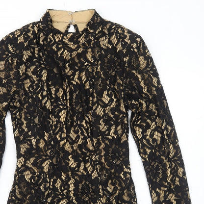 PRETTYLITTLETHING Womens Black Geometric Polyester Bodycon Size 10 Round Neck Zip