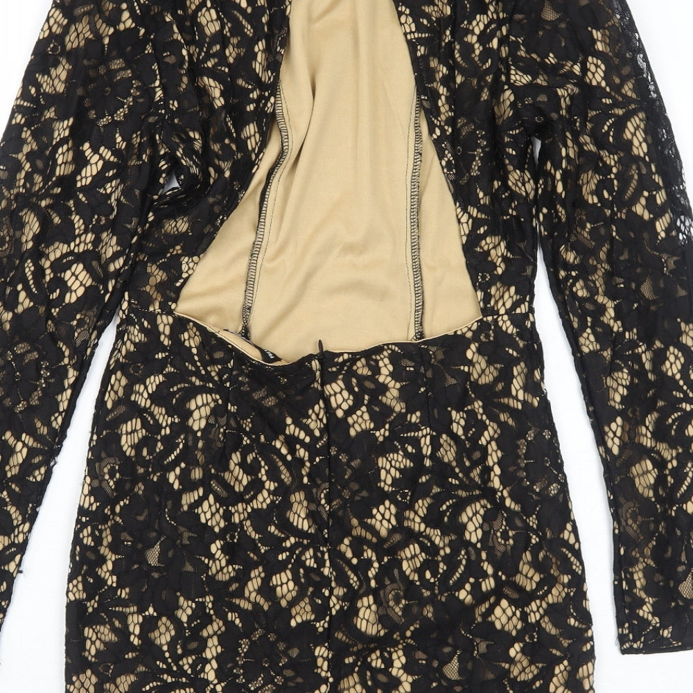 PRETTYLITTLETHING Womens Black Geometric Polyester Bodycon Size 10 Round Neck Zip