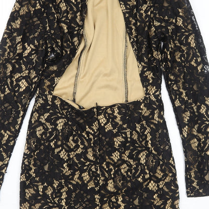 PRETTYLITTLETHING Womens Black Geometric Polyester Bodycon Size 10 Round Neck Zip