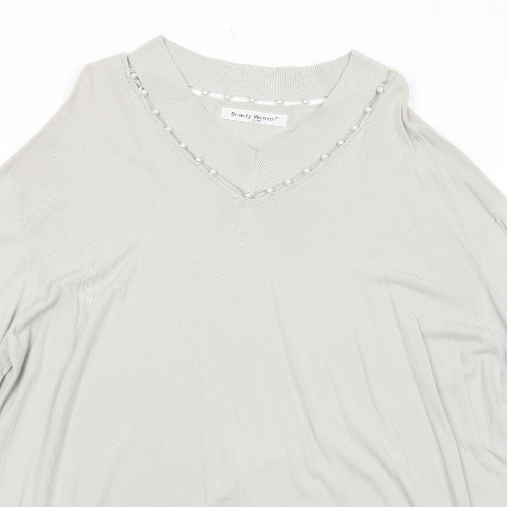 Beauty Women Womens White Viscose Jumper Dress Size L V-Neck Pullover - Size L-XL