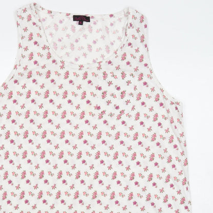 Bella Beau Womens White Floral Polyester Basic Tank Size XL Round Neck