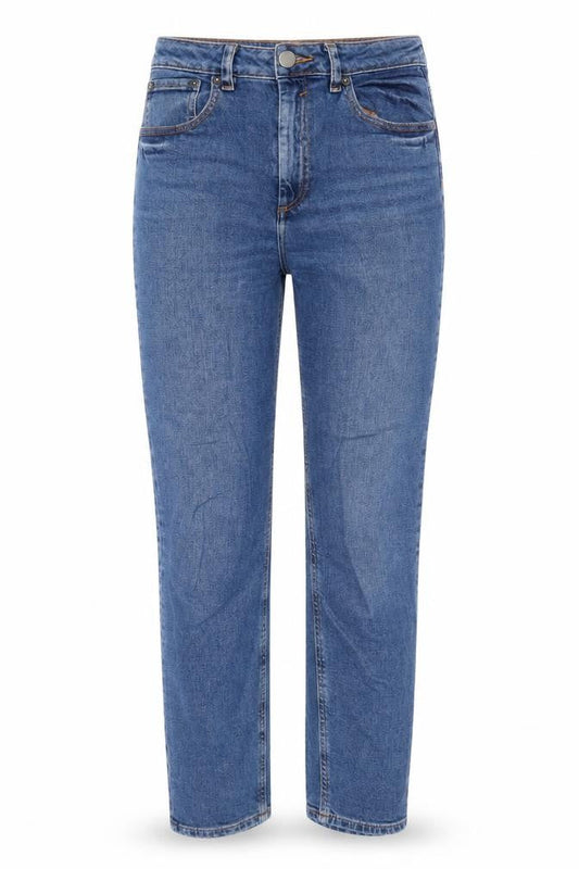 Front view of ASOS women’s blue cotton straight jeans, size UK 28, in, 32-inch leg regular zip