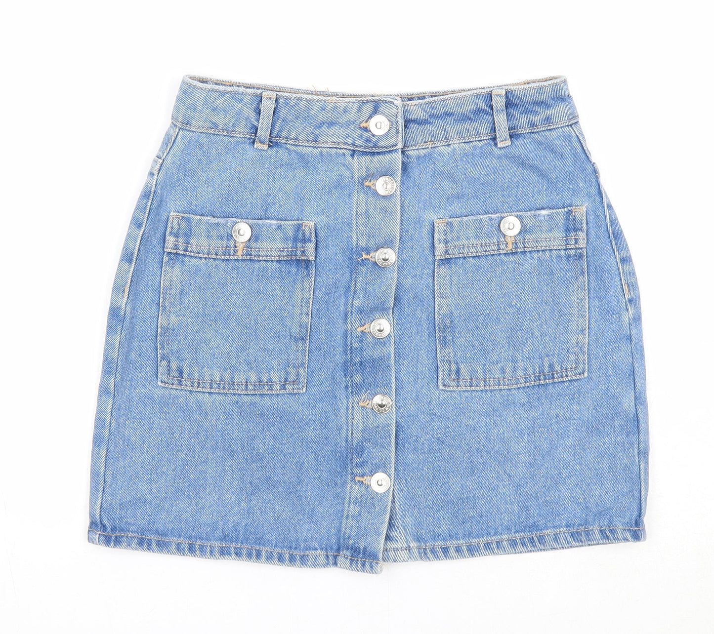 Pull&Bear Womens Blue Cotton A-Line Skirt Size 26 in Button