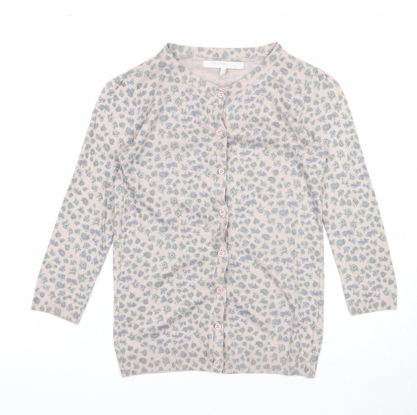 Bershka Womens Beige Round Neck Floral Acrylic Cardigan Jumper Size M