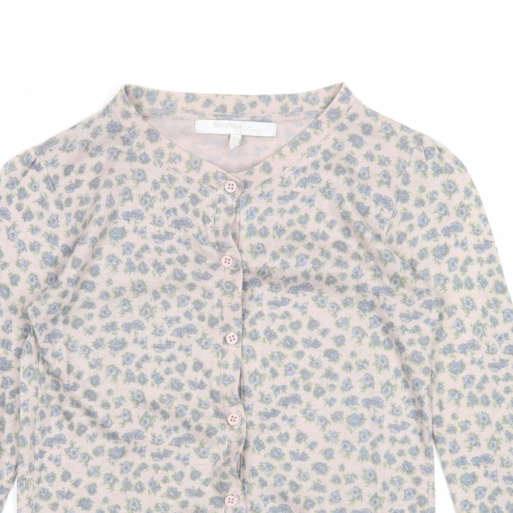 Bershka Womens Beige Round Neck Floral Acrylic Cardigan Jumper Size M