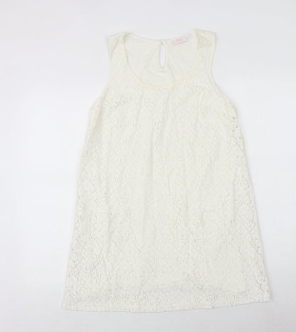 NEXT Womens White Geometric Cotton A-Line Size 12 Round Neck Button