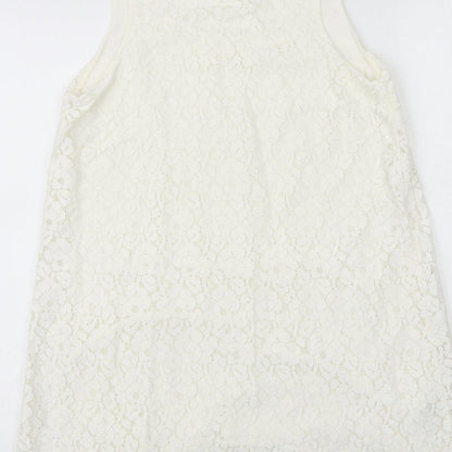 NEXT Womens White Geometric Cotton A-Line Size 12 Round Neck Button