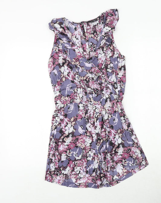 NEXT Womens Purple Floral Viscose Playsuit One-Piece Size 6 Button